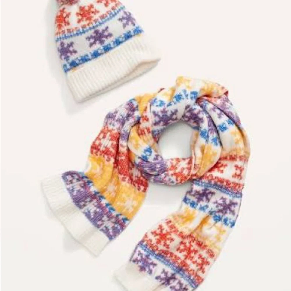Old Navy Fair Isle  Colorful Knit Scarf and Hat Set